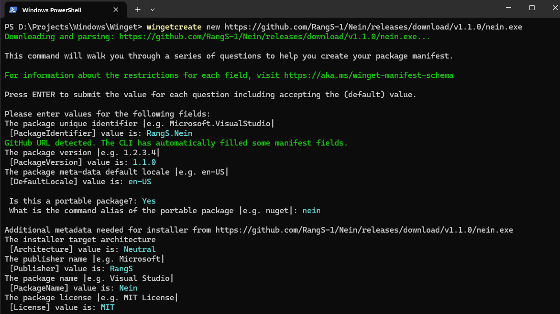 Screenshot proses membuat package dengan wingetcreate